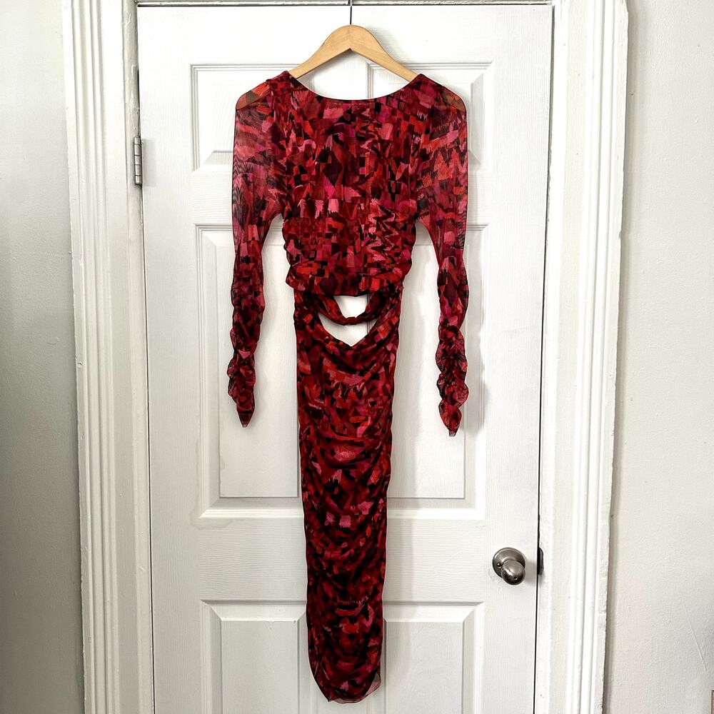 Anthropologie Misa Iselin Dress S Red Mesh Ruched Print Cutout